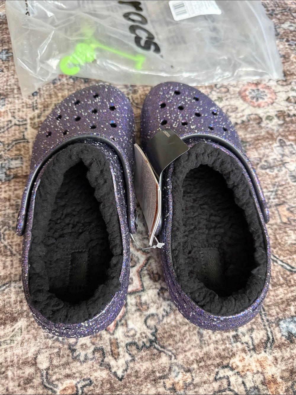 NWT Glittery Purple Galaxy-Like Crocs with Fuzzy Lining Sz 1 kids - Picture 2 of 5